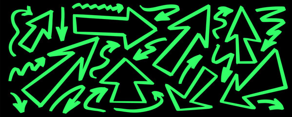 A textured arrow set with marker strokes and soft highlight glow. Every arrow is built on expressive line work and crisp highlight touches along each line.