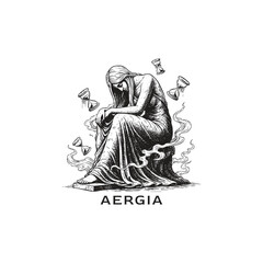Surreal illustration of Aergia, the Greek goddess or personification of sloth, idleness, and lethargy, sitting sadly surrounded by floating hourglasses and smoke