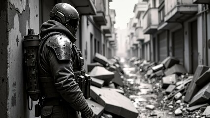 Close up of characters in protective gear for deserted streets and alleys