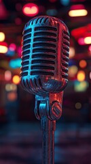 Microphone with dark neon light effect, 3D rendering