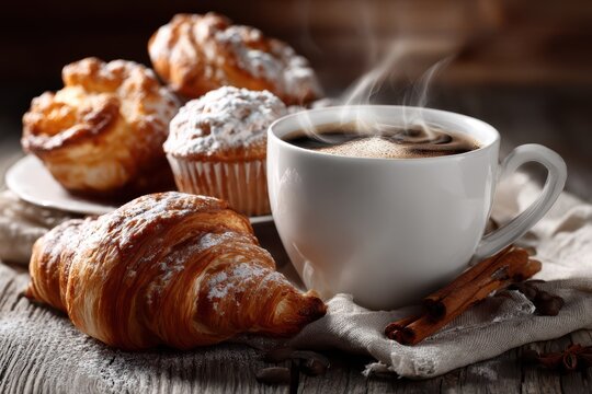 Assorted pastries with a steaming mug on a wooden background