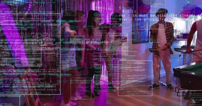 Friends posing, swaying in rec room after phone prompt to photograph, UI code overlay showing tech