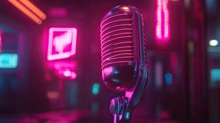 Microphone with dark neon light effect, 3D rendering