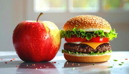 Still life depicting a juicy red apple juxtaposed with a delectable cheeseburger