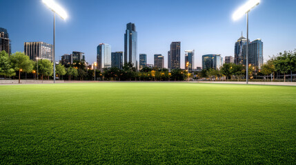 Obraz premium Open green field illuminated by stadium lights with urban skyline at dusk