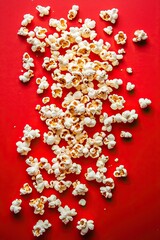 Scattered popcorn on red background, cinema, entertainment concept