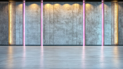 Naklejka premium Modern concrete interior with pink and warm column lighting evoking moody ambiance