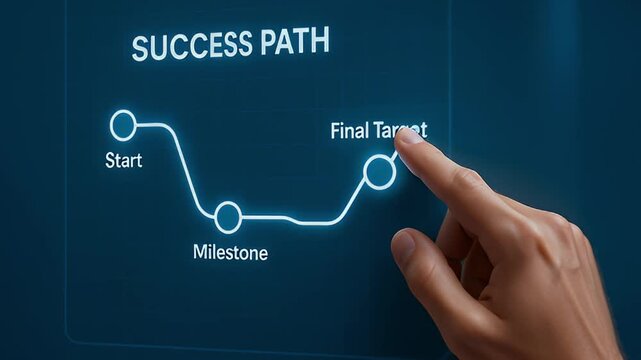 Success path start milestone final target goal strategy planning progress roadmap achievement guidance vision neon line diagram hand pointing touch interface finger pointing glowing interface line