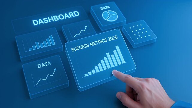 Dashboard data analytics business growth chart strategy technology blue interface success metrics 2026 KPI performance statistics forecast finance projection surge optimistic graph holographic panels