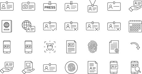 Identity verification and personal identification icon set featuring ID cards, mobile IDs, biometrics, documents, passports, security approval symbols, and authentication tools.