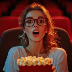 Surprised girl with 3D glasses and popcorn on seat in cinema showing excitement, emotions