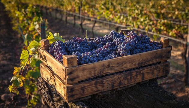 Freshly harvested red grapes in a wooden crate at a sunny vineyard - Powered by Adobe