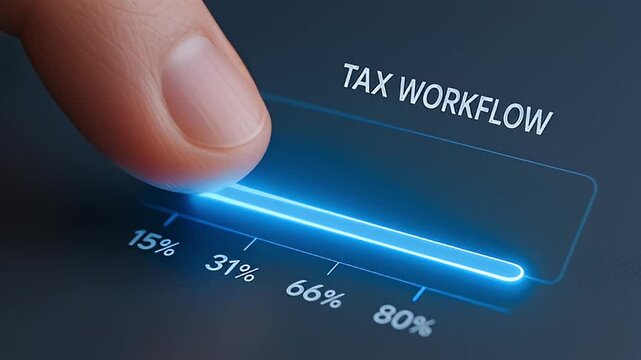 Tax workflow finance progress bar finger percentage blue glow user interface touchscreen business audit compliance accounting calculation budgeting reporting deduction filing return planning deadline