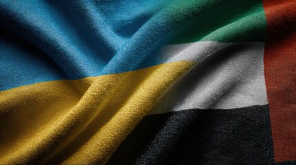 Bahamas and UAE flags displayed together on fabric showing texture and colors in a close view during a sunny day