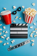 Top view of clapperboard, 3D glasses, film strip and popcorn bucket on blue background