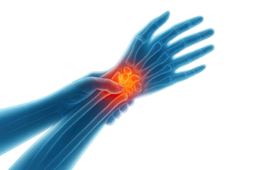 Detailed medical illustration of human wrist highlighting joint pain and inflammation with transparent anatomical view isolated on white background