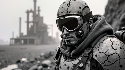 Close up close-up of characters wearing protective gear for abandoned soil wind