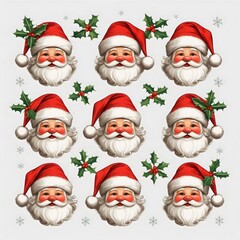 Festive illustration featuring Santa Claus faces adorned with holly leaves and snowflakes, capturing the holiday spirit, portrait pattern, design concept