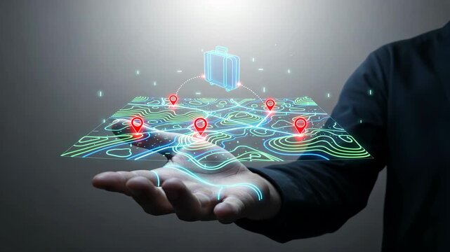A hand with a glowing map and suitcase icon showing a digital travel route, augmented reality travel apps, accessibility through AR travel tools