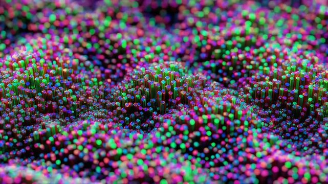Abstract three-dimensional visualization of brightly colored, densely packed hexagonal prisms.