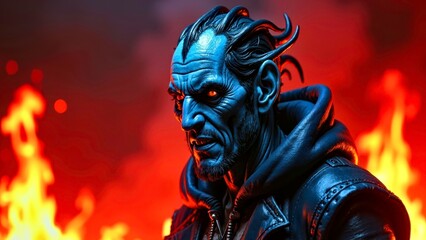 Close up image of the side face of the Flame Scene Blue Skin Demon