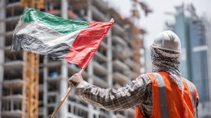 Construction worker raises Sudanese flag at building site in urban area during daylight hours