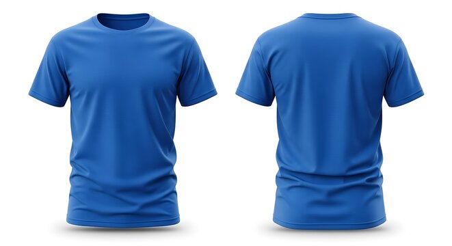 Front and back view of a blank blue tshirt mockup, perfect for design presentation, isolated on white background