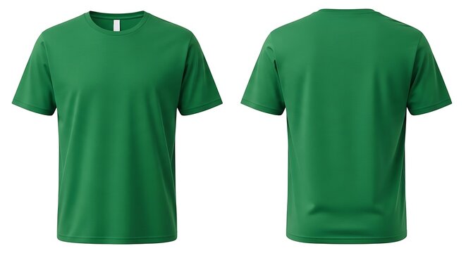 Blank green tshirt template showing both front and back, ideal for custom clothing designs and promotional wear, isolated on white background