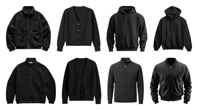 PNG Variety of black outerwear displayed, element set on transparent background