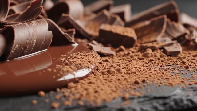A close-up view of dark chocolate presented in various forms melted shaved into curls broken into chunks and as fine cocoa powder all arranged on a dark textured surface