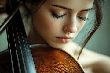 woman playing the cello, close-up and medium close-up, cello bow and strings, out of focus