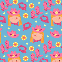 Obraz premium Cute Cowgirl Pattern with Girl in Pink Hat, Cowboy Boots, Bandanas and Hearts for Kids Textiles, Accessories, and Fun Decor