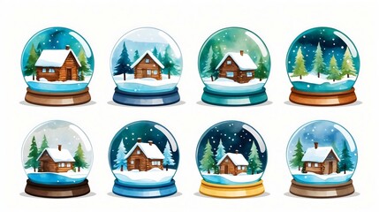 Cozy winter snow globe featuring charming houses and trees, perfect for seasonal decor and a warm indoor atmosphere,   illustration collection 