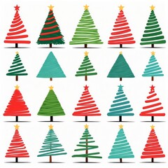 A grid of stylized Christmas trees, alternating in red, green, and teal, each topped with a star, The design is festive and playful., Icon set, white background