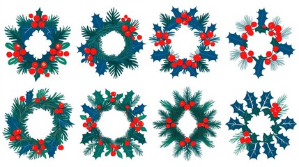 Flat view of colorful Christmas holiday wreaths on a white background, ideal for winter decor