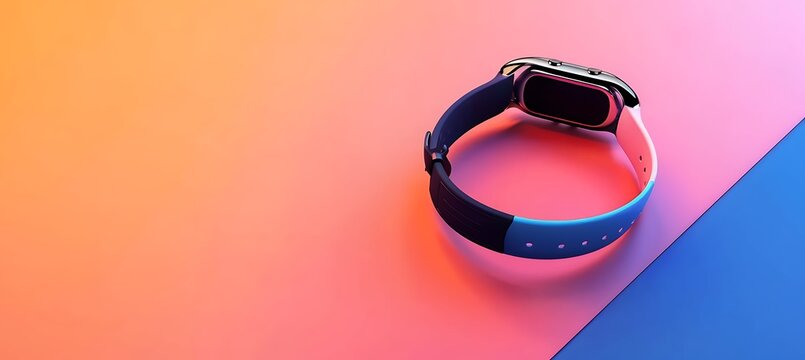 Sleek fitness tracker with dual color strap rests on a vibrant gradient background featuring orange pink and blue tones