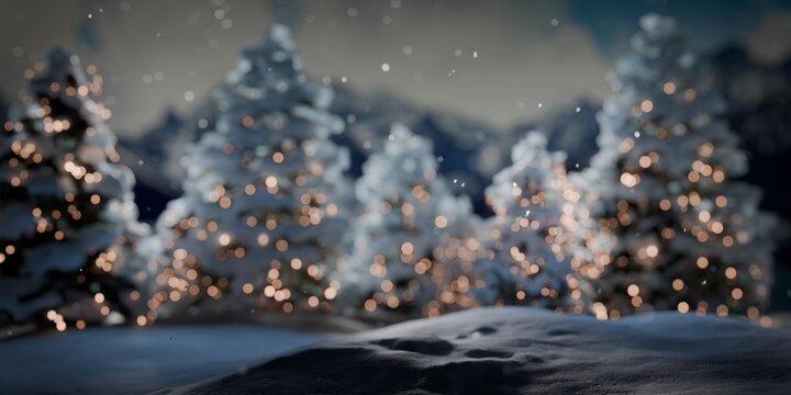 Christmas Winter Night Background with Snowy Trees, Warm Fairy Lights and Bokeh &ndash; Festive Holiday Forest Scene