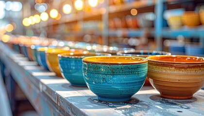 Close-up of colorful ceramic bowls lined on a shelf with blurred lighting in the background