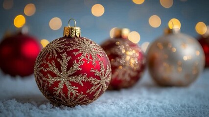 Close-up of ornate red and gold Christmas ornaments in soft focus on snowy surface - Powered by Adobe