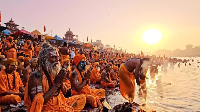 Large Gathering of Sadhus Preparing for Morning Ritual at Kumbh Mela