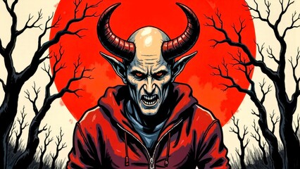 Red background demon image, dark wind close-up