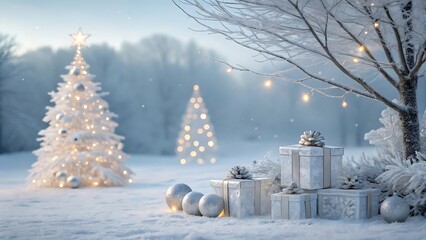 White Christmas Tree with Lights and Stack of Silver Gifts in Snowy Winter Forest