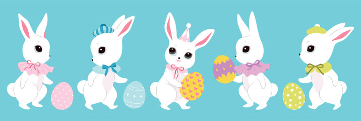 Cute white Easter bunnies, color clothes, cutie bows, pattern eggs. Spring collection. Sticker design. Set of Easter themed images including easter eggs, pretty rabbits. Happy Easter. Greeting cards