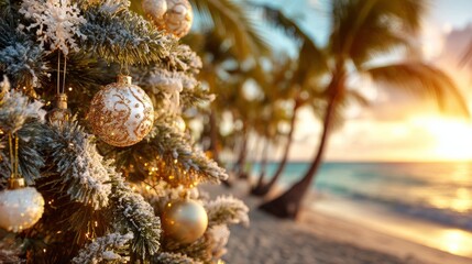 Decorating christmas tree on tropical beach at sunset