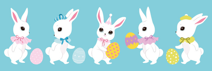 Fototapeta premium Cute white Easter bunnies, color clothes, cutie bows, pattern eggs. Spring collection. Sticker design. Set of Easter themed images including easter eggs, pretty rabbits. Happy Easter. Greeting cards