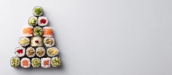 Sushi christmas tree creating festive holiday food arrangement, copy space