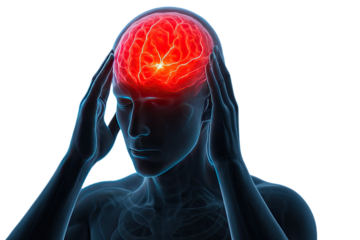 Detailed anatomical illustration of human figure holding head with intensely glowing inflamed brain highlighting severe migraine pain isolated on white background