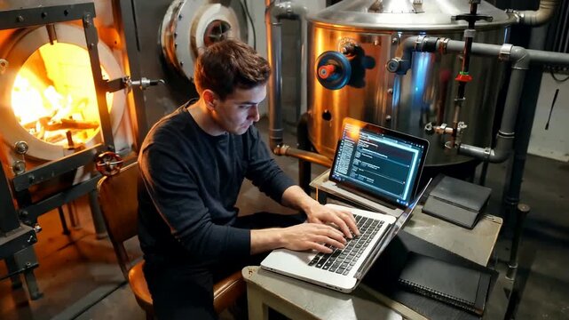 Young man working on laptop in industrial setting with glowing furnace.