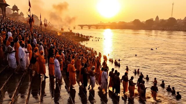Long Line of Devotees Entering the Ghat During Kumbh Mela