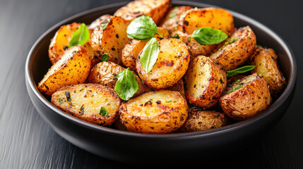 Roasted potato with herbs and basil garnish, golden crispy texture, appetizing